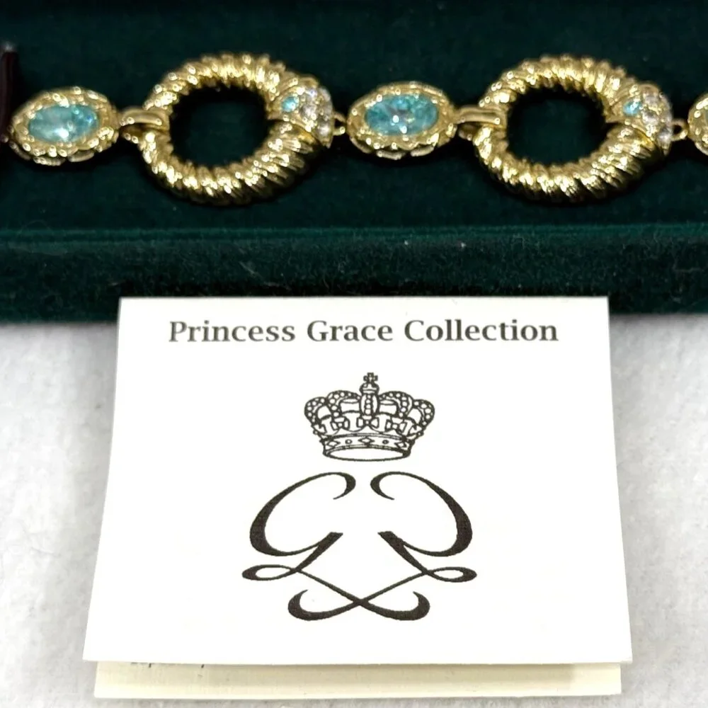 Vntg. Princess Grace Collection Gold Tone Bracelet w/Aqua Crystals & Rhinestones - Picture 9 of 15